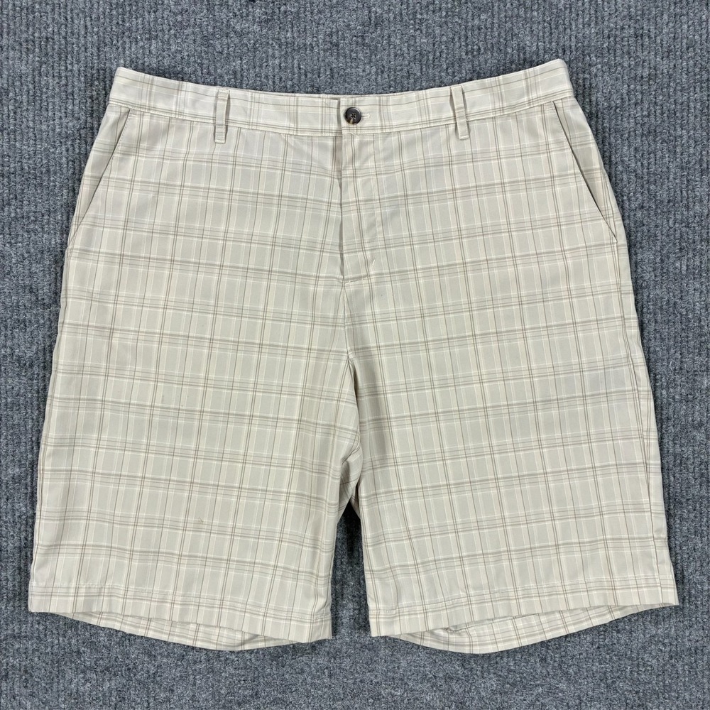 Adidas Mens Chino Shorts Size 38 Beige Plaid Flat Front High Rise Outdoor